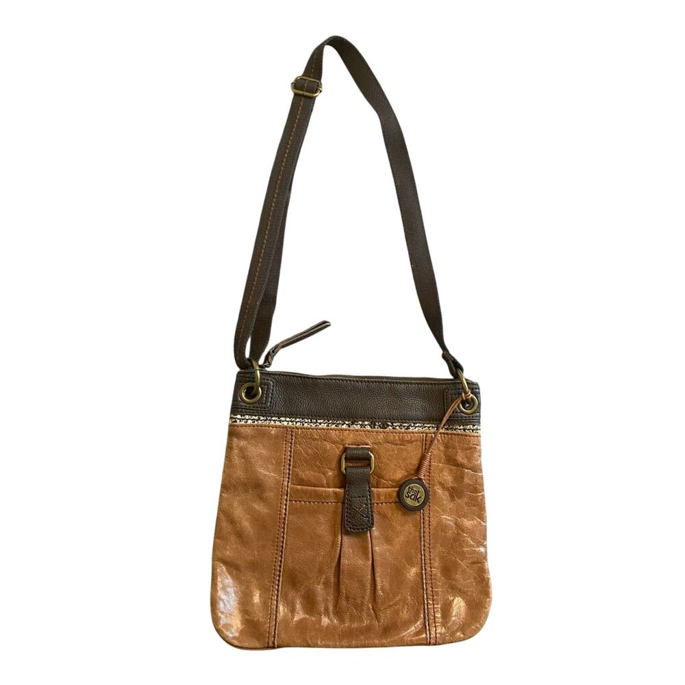 The Sak 2 Toned Brown Distressed Leather Kendra Crossbody Purse Bag EUC